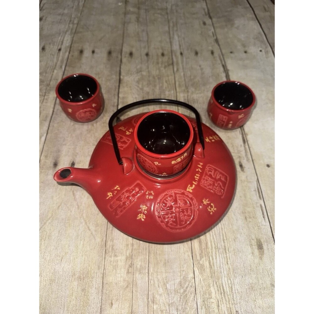 Chinese Red Ceramic Teapot With Matching Tea Cups Missing Lid But Very Clean